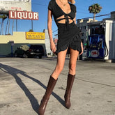 Lace Up V Neck Bodycon Summer Hollow Out Ruffles Sun Beachwear Vestidos Mini Dress